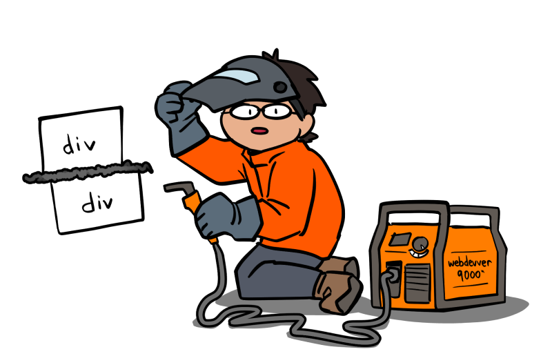 a drawing of me in welding gear using a welding tool called the webdevver9000 to weld floating boxes, labeled as divs, together